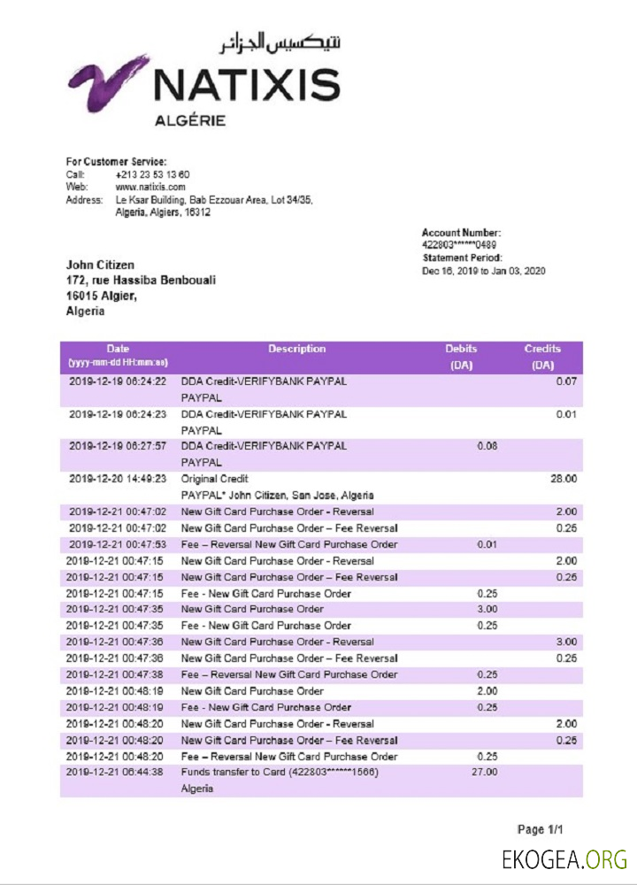 Algérie Relevé bancaire Natixis Algérie